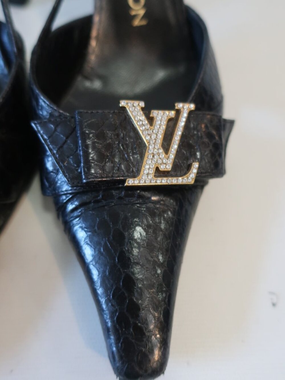 Women Louis Vuitton Black Embossed Snakeskin Crystal Logo Heels 37 1/2 EU/US 7.5 - Picture 10 of 15